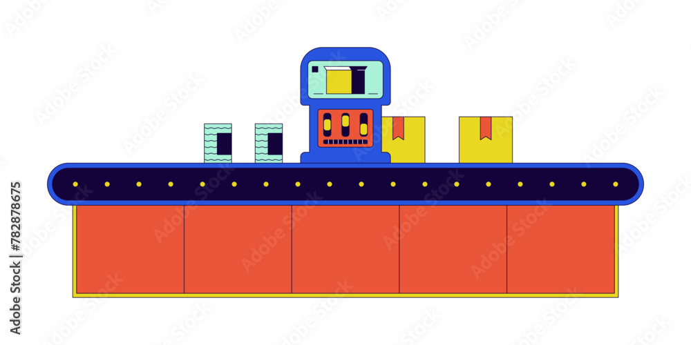 Poster production assembly line 2d linear cartoon object. conveyor belt boxes isolated line vector element 