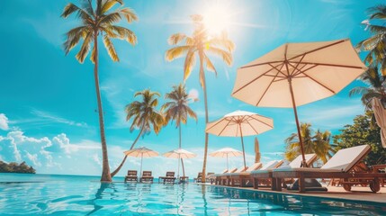 Fototapeta na wymiar A pool with a beach setting and umbrellas.