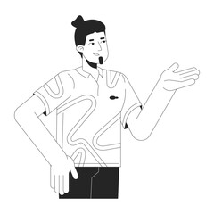 Caucasian guy making suggestion black and white 2D line cartoon character. Discussion participating man isolated vector outline person. Gesturing explaining monochromatic flat spot illustration