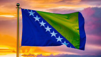 Bosnia and Herzegovina Waving Flag Against a Cloudy Sky at Sunset.