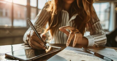 A woman at the office with phone and pen in the hand.