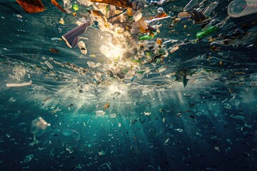 Plastic trash floating in the ocean floor and sun shining through surface.