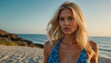 stunning scandinavian woman with blonde hair is wearing a bikini on the beautiful beach - obrazy, fototapety, plakaty