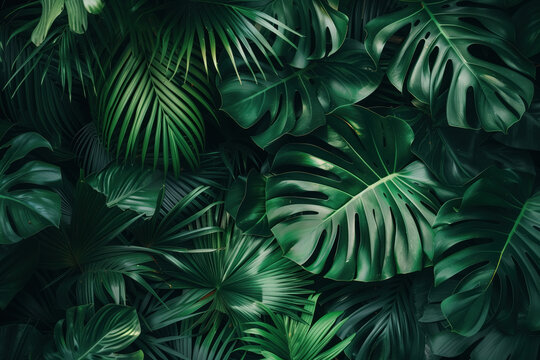 Background with tropical leaves. Created with Generative AI technology.