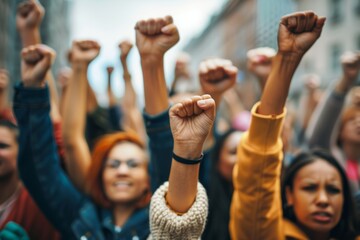 Fototapeta premium Multinational group with raised fists in solidarity and protest
