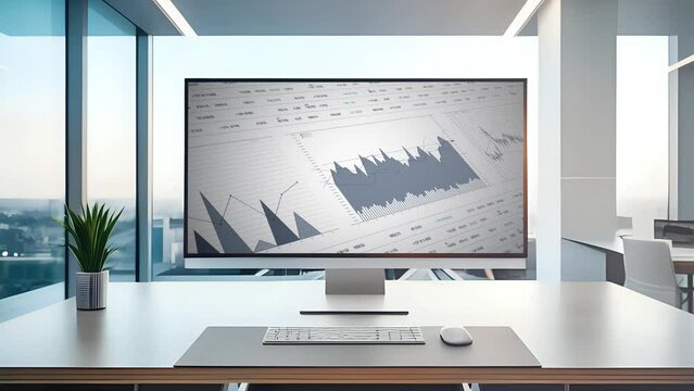 Data report analysis on computer monitor in modern business office