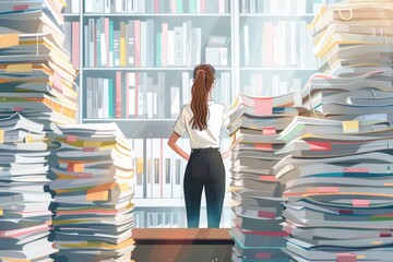Young female clerk standing amidst towering stacks of paperwork in an office - obrazy, fototapety, plakaty
