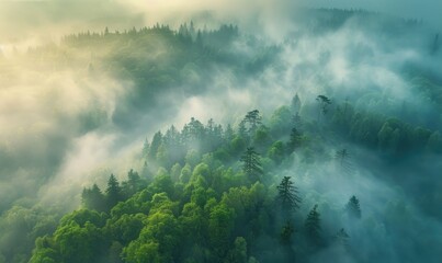 Beautiful trees from a top view of a valley with fog and morning light in an aerial photograph.