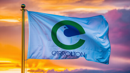 Carrollton Texas Waving Flag Against a Cloudy Sky at Sunset.