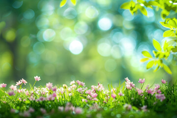 spring background with grass and flowers. Floral background. Created with Generative AI technology.