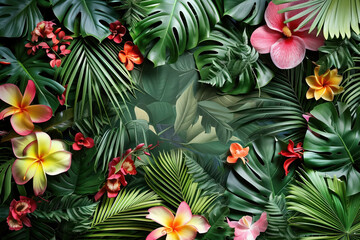 Background with tropical leaves and flowers. Created with Generative AI technology.