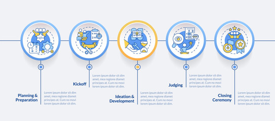 Hackathon process structure blue circle infographic template. Data visualization with 5 steps. Editable timeline info chart. Workflow layout with line icons. Lato-Bold, Regular fonts used