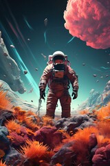Merge digital glitch art with a traditional medium to depict a worms-eye view astronaut exploring a surreal realm where psychological concepts materialize into vivid, otherworldly scenes - obrazy, fototapety, plakaty
