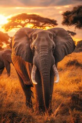 Fototapeta na wymiar Ecotourism safari, observing elephants, wild, room for text, eyelevel, golden hour, savannah