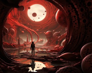 Delve into the depths of the mind with a surreal digital rendering of a worms-eye view space explorer encountering abstract psychological landscapes - obrazy, fototapety, plakaty