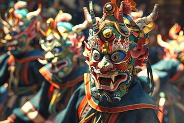 Rare glimpse into the Bhutanese Tshechu Festival, monks in elaborate masks performing dances - obrazy, fototapety, plakaty