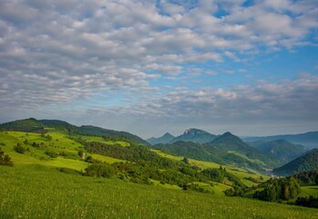Spring in the Pieniny with Three Crowns mountain in the background. Mountain landscape with green meadows, hiking in spring nature. Beautiful Poland landscape © Ivan