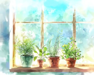 Window sill herb cultivation, kitchen, bright daylight, clear for text, close view, homely