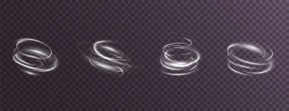 Vector tornado white, winter whirlwind white , light funnel white , swirling white lines light. Light white Twirl. Curve light effect of white line. Png.