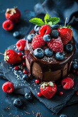 Plantbased dessert, vegan chocolate cake, berries, minimal, space for text, dim evening light
