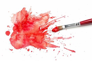 Red watercolor stain with paintbrush splatter on white background