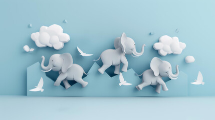 Vector art character, elephants, popping out of a flat design into 3D space,