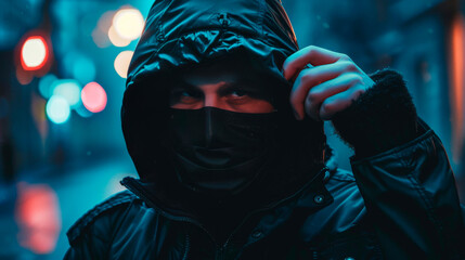 A man in a black jacket and a black robber mask adjusts his hood on a dark street during the rain. - obrazy, fototapety, plakaty
