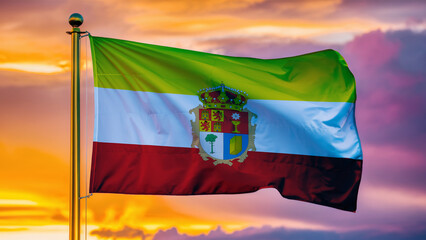 Fototapeta premium Cuenca Waving Flag Against a Cloudy Sky at Sunset.