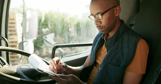 Black man, write and delivery with van, checklist and schedule or updates on courier service or quality control. Male person, notebook and logistics with records or documents for stock inspection