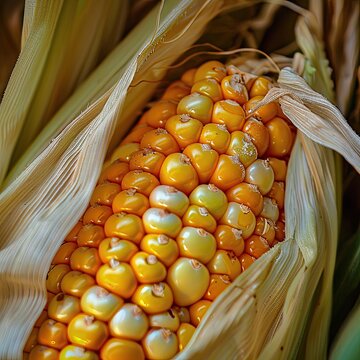 A close-up of an ear of corn partially husked, revealing the golden kernels beneath.