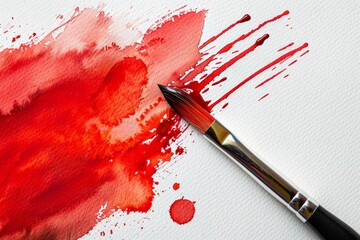 Vivid red watercolor splash with paintbrush against a white background