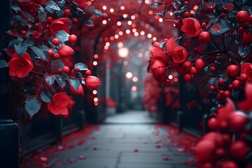 Red floral archway with blossoms and berries creating a romantic tunnel effect, with soft bokeh...