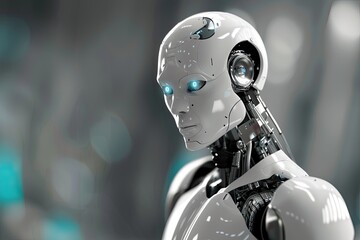 A highly detailed 3D rendering of a realistic robot head and upper torso.