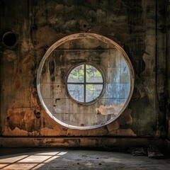 A large round window in an abandoned building.