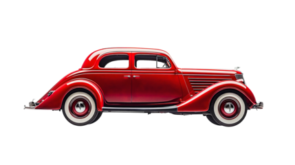 Classic red vintage car with distinctive art deco design, white wall tires, and elegant lines on a plain background.