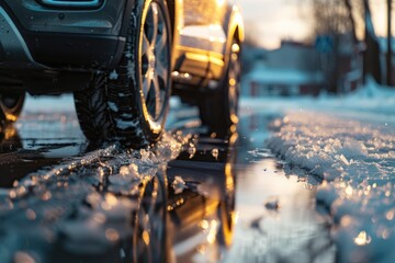 Car on an icy road with puddles and melting snow in the spring season.