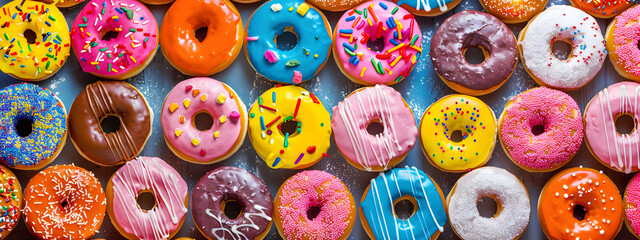 Colorful sweet delicious glazed donuts.  Sweet background - obrazy, fototapety, plakaty