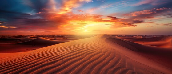 A vibrant sunset over a golden sand desert creating a stunning contrast of colors and textures - obrazy, fototapety, plakaty