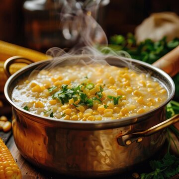 A warm image of a steaming pot of corn chowder, with fresh corn ingredients nearby.