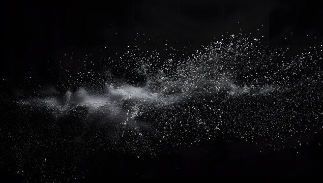 Freeze motion of white dust particles splash on black background.White powder explosion clouds.
