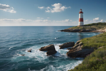 A lighthouse in the ocean with clean weather