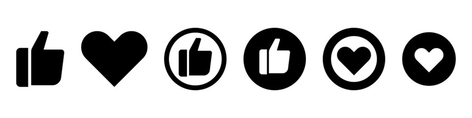 Set of modern thumb up or like and heart icon. Buttons for a mobile app. Vector isolated on background.
