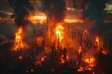 Fiery Twilight: Oil Refinery Blaze Unfolds. Concept Industrial Accident, Emergency Response, Safety Measures, Environmental Impact