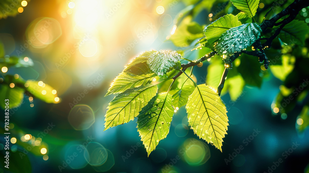 Poster sunlight filtering through fresh green leaves with dewdrops, creating a soft bokeh effect in a tranq