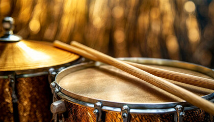 Obraz premium Close-up of two wooden drumsticks on an old metallic snare drum and golden colored cymbal with copy space. Percussion instrument concept. Generative Ai.