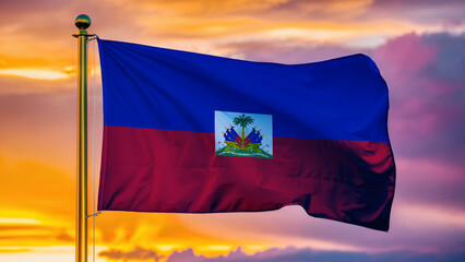 Haiti Waving Flag Against a Cloudy Sky at Sunset.