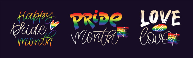 Pride month - love is love - cute lettering art. T-shirt design, mug print. Lgbt postcard - obrazy, fototapety, plakaty