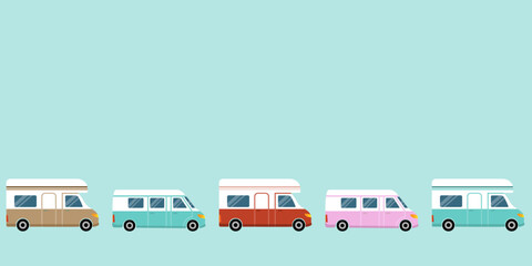 Retro camper vans and motorhomes tailback, line of cars.