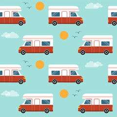 Seamless pattern with retro campers, motorhome caravan. - obrazy, fototapety, plakaty