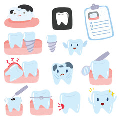 Cute teeth with different emotions set for label design. 
